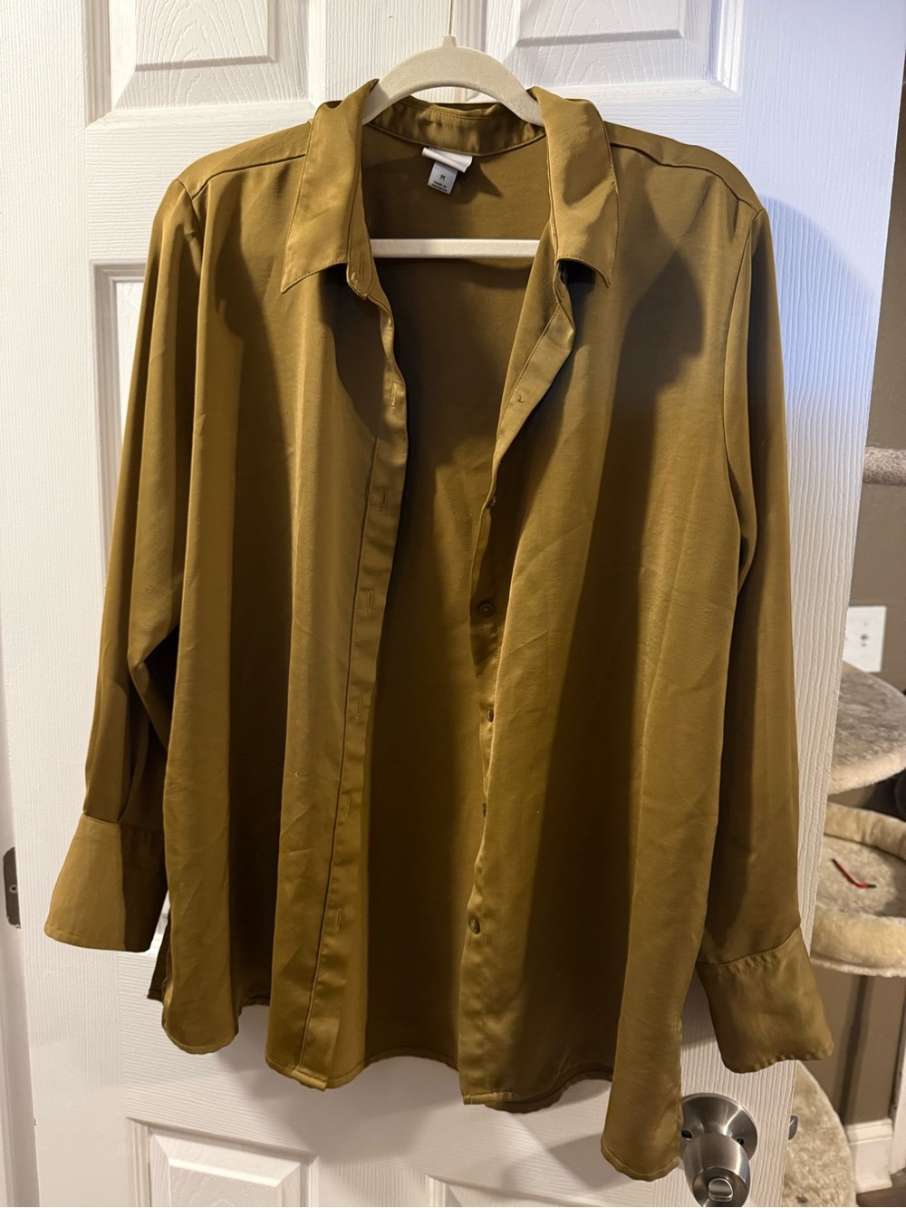 Olive Green Satin Button-Up Blouse
